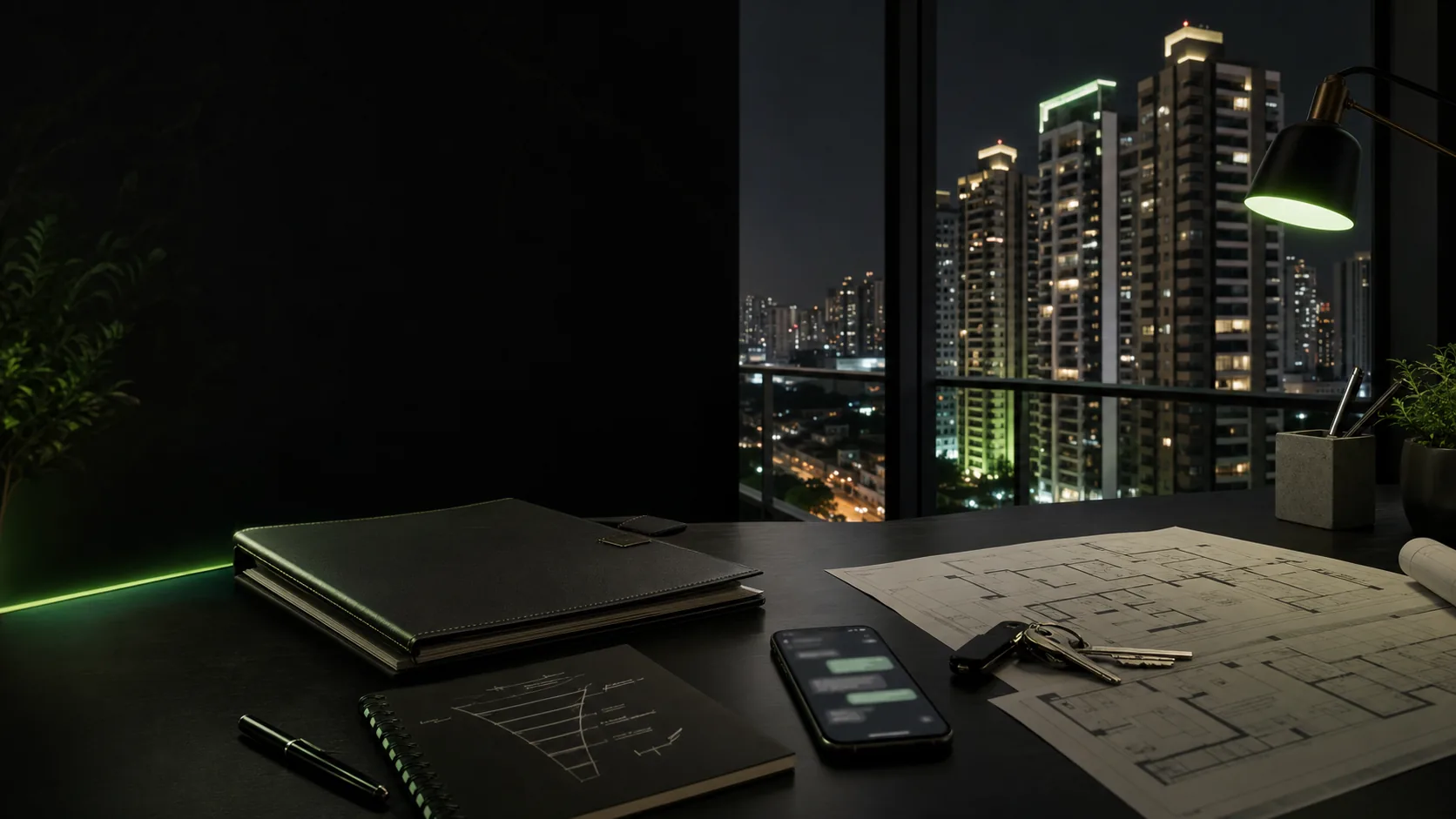 Mesa de uma operação imobiliária com plantas, celular e a cidade à noite.